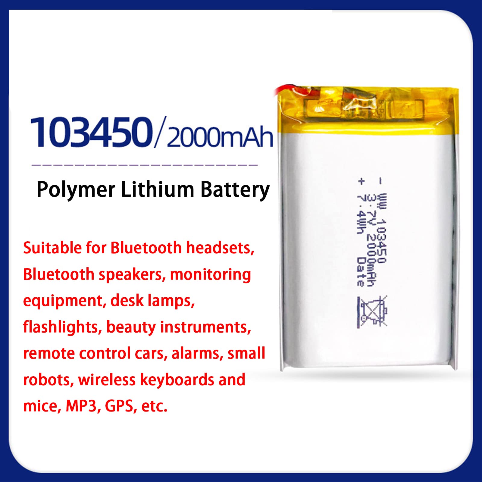 Amazon.co.jp: 2 X 3.7V 2000mAh 103450リチウム電池、充電式リチウム